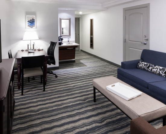 Sala de estar de la suite accesible para personas con discapacidades con sofá, mesa y escritorio